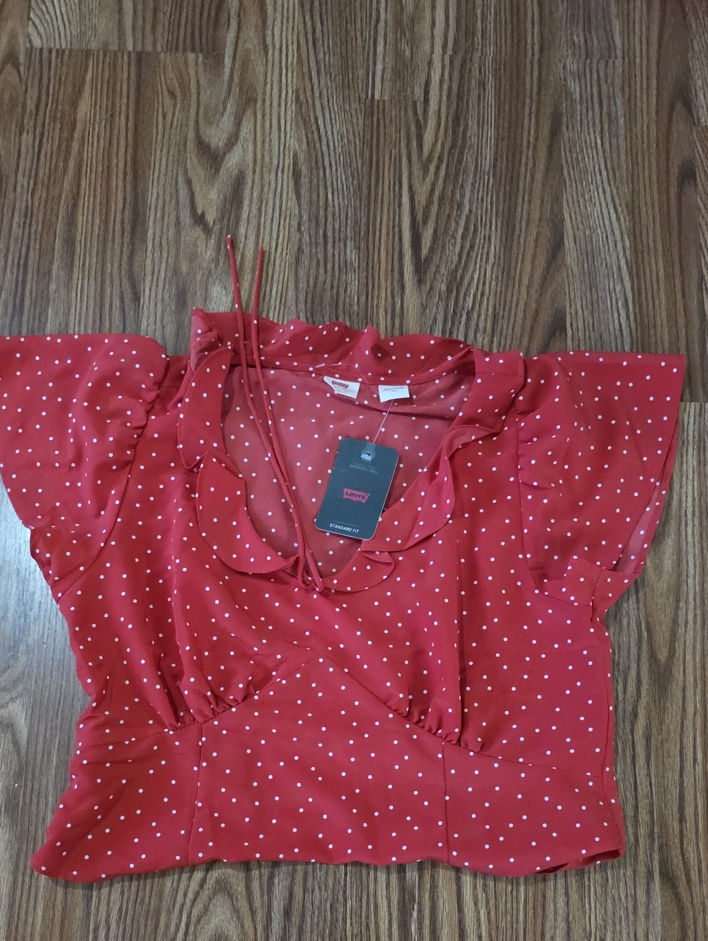 Levi's Red Polka Dot Tie-Neck Flutter Sleeve Blouse